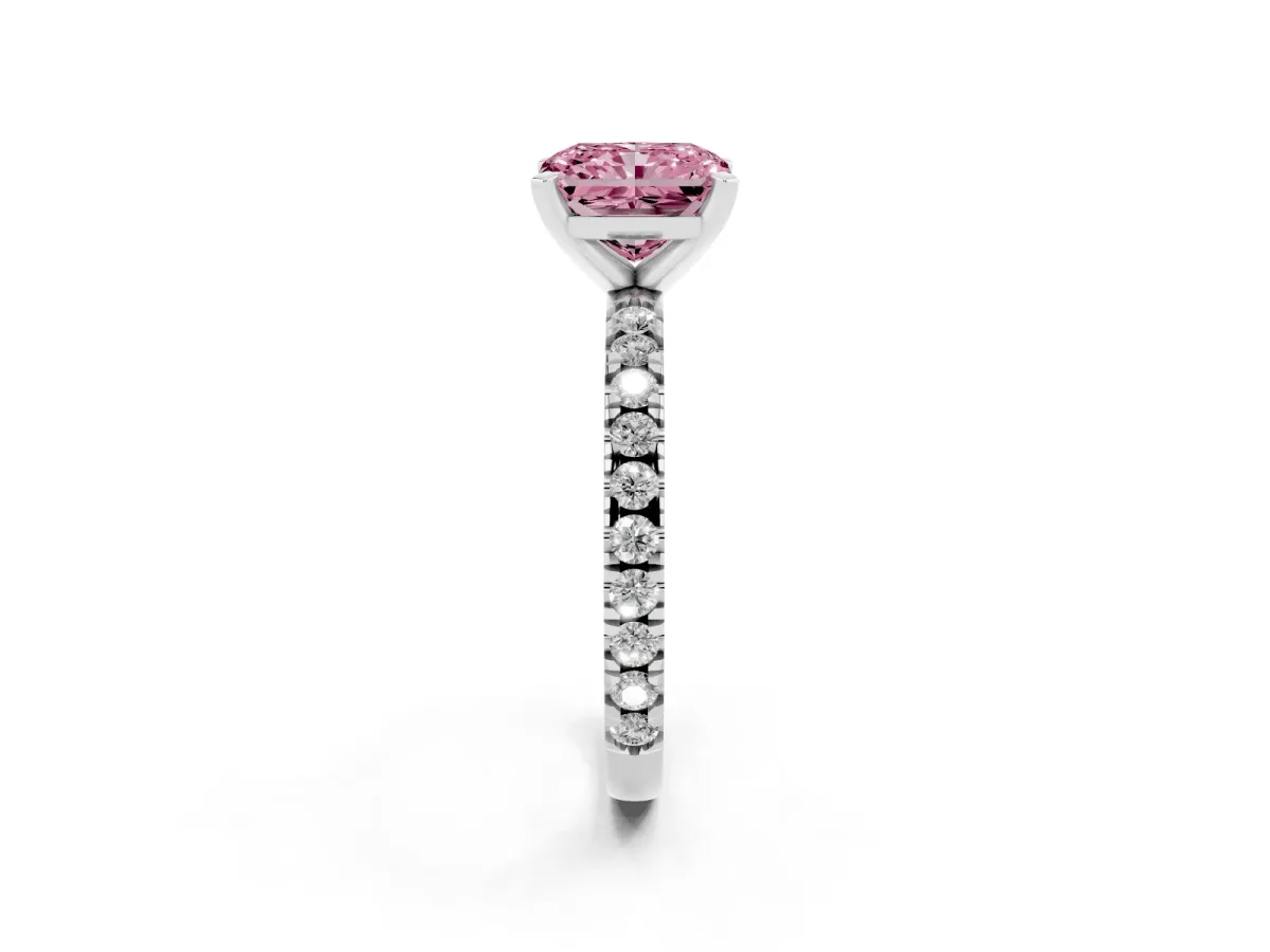 Fancy Pink Radiant Cut Diamond Pavé Band Solitaire with Four-Prong Setting Silver