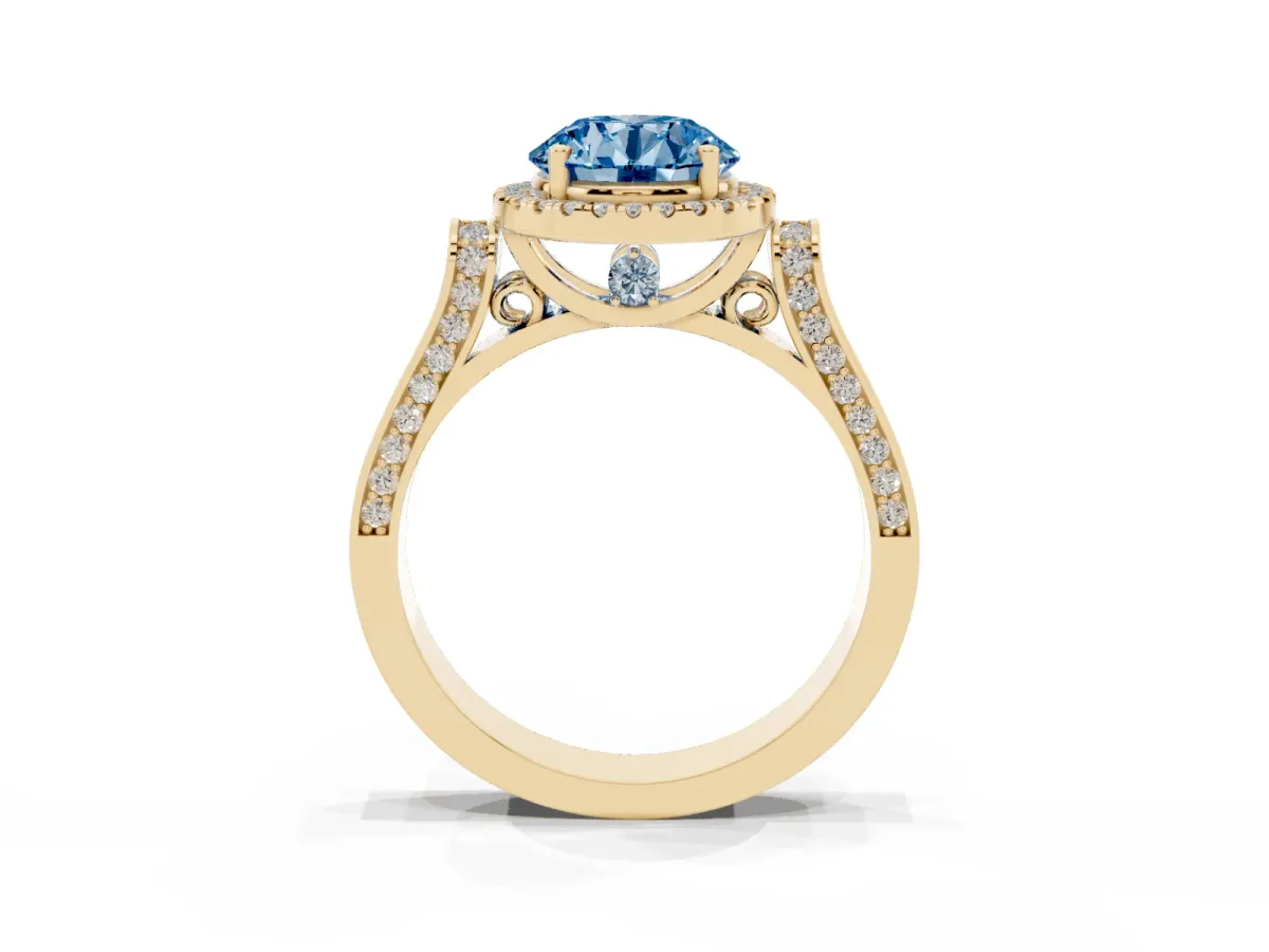 Fancy Blue Round Cut Halo Pave Split Shank Prong Setting Ring Yellow gold