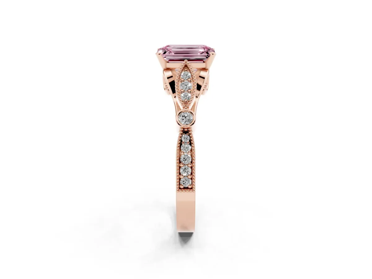 Fancy Pink Emerald Cut Cut Diamond with Milgrain Marquise and Bezel Accents on a Solitaire Band with Prong Setting Rose gold
