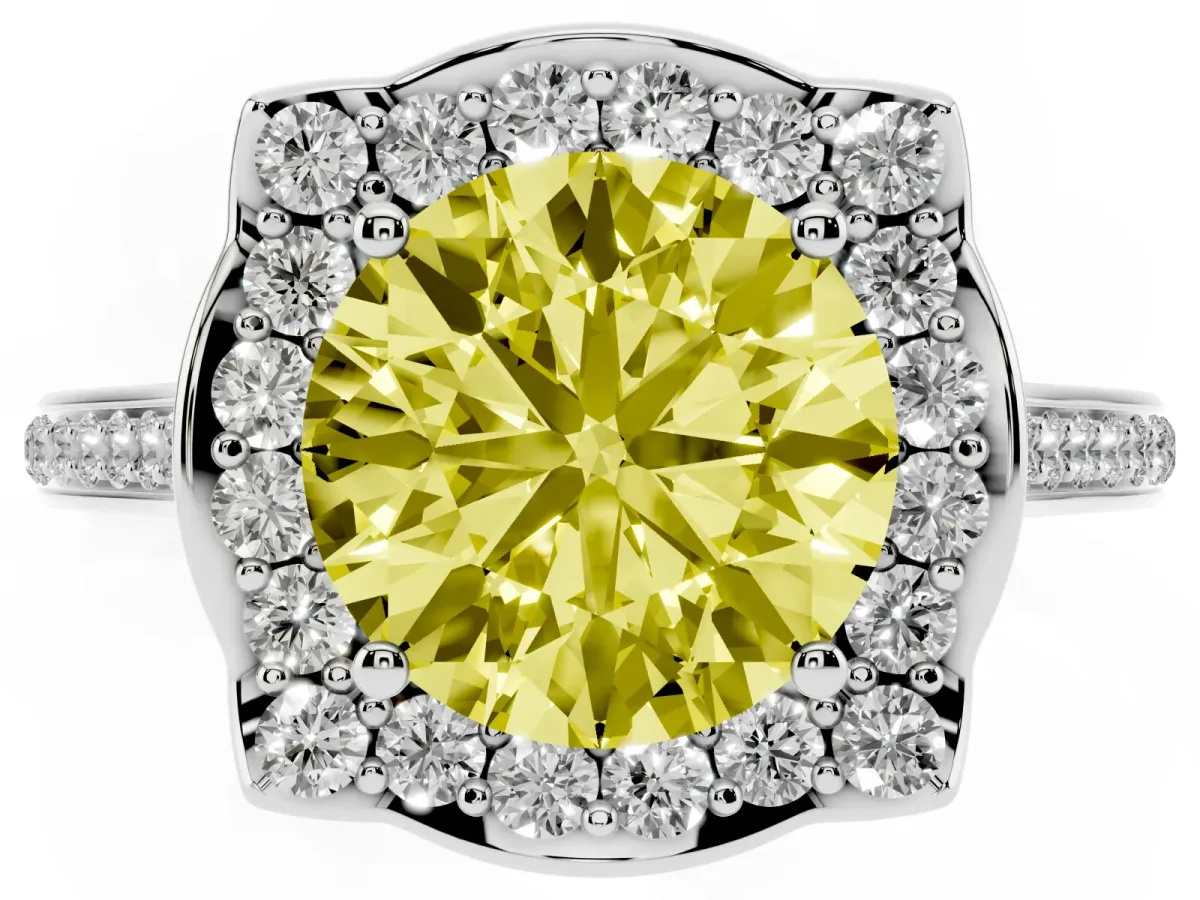 Fancy Yellow Round Cut Halo Round Diamond Pave Band with Four-Prong Setting Platinum