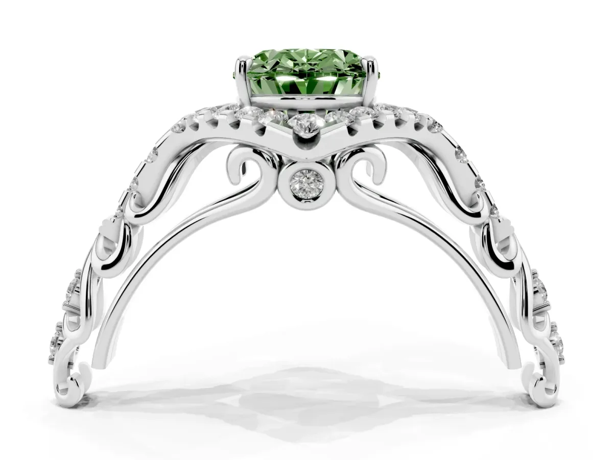 Fancy Green Oval Cut Diamond Solitaire Ring with Hidden Halo and Pavé Band Silver
