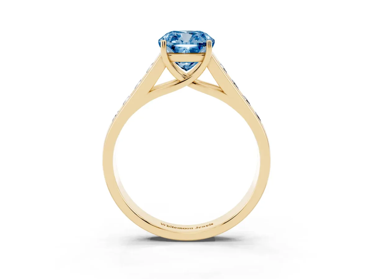 Fancy Blue Cushion Cut Solitaire Channel-Set Diamond Engagement Ring with Four-Prong Setting Yellow gold