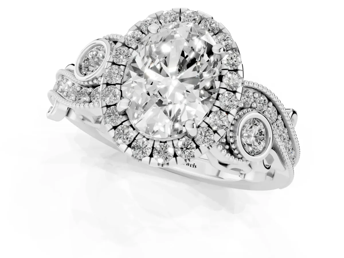 Oval Cut Diamond Halo Ring with Milgrain Pavé Band and Four-Prong Setting Silver