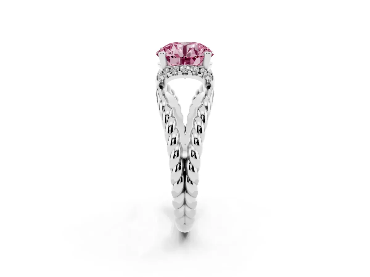 Fancy Pink Round Cut Halo Twisted Band Four-Prong Ring Silver