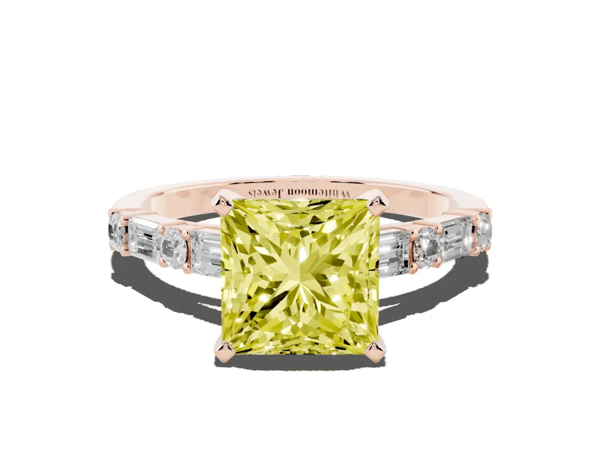 Fancy Yellow Princess Cut Diamond Solitaire with Side Baguettes and Channel Set Band Rose gold