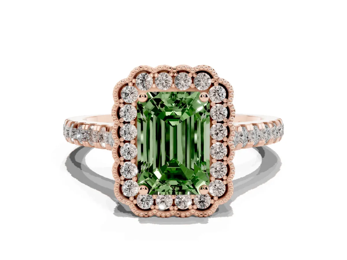 Fancy Green Emerald Cut Cut Diamond Milgrain Floral Halo Engagement Ring with Pavé Band Rose gold
