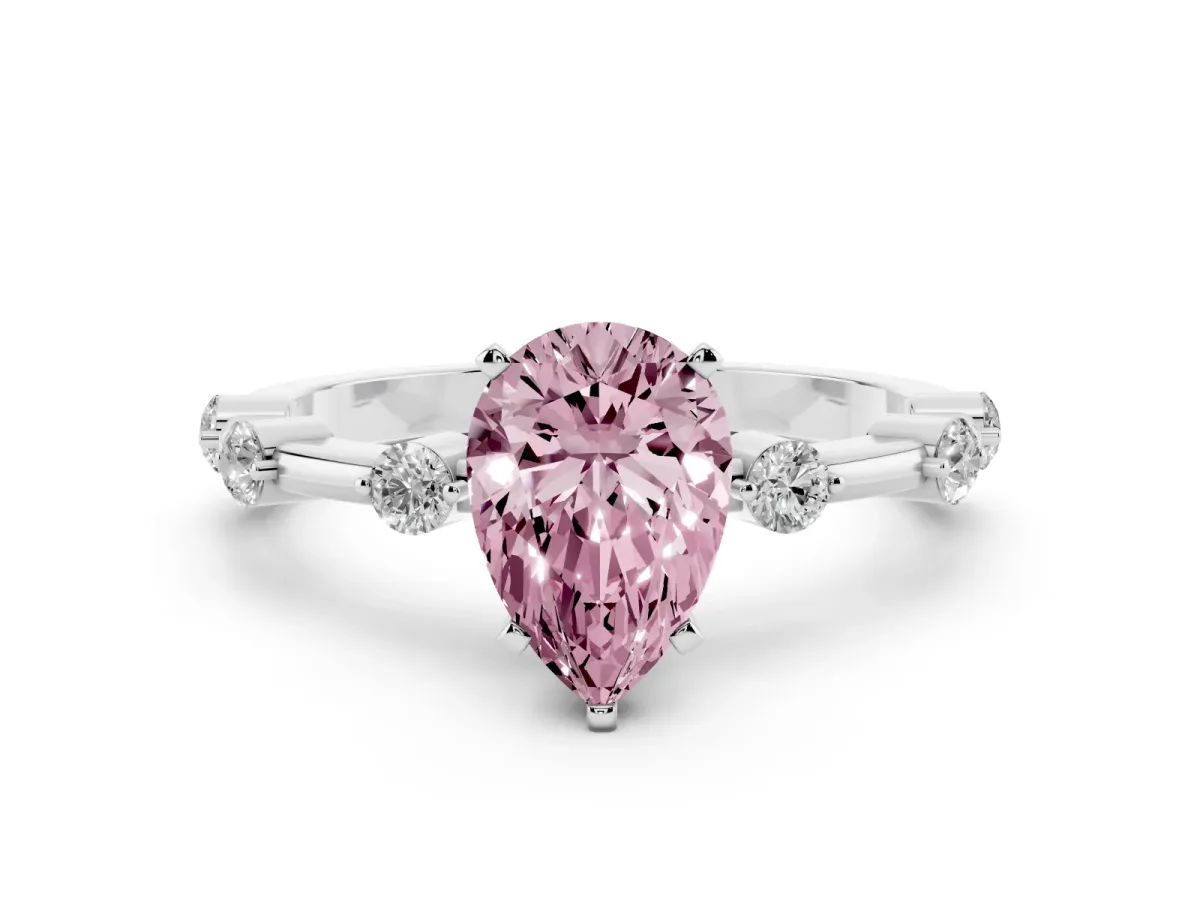 Fancy Pink Pear Cut Solitaire Diamond Ring with Bezel Set Side Stones and Prong Setting Silver