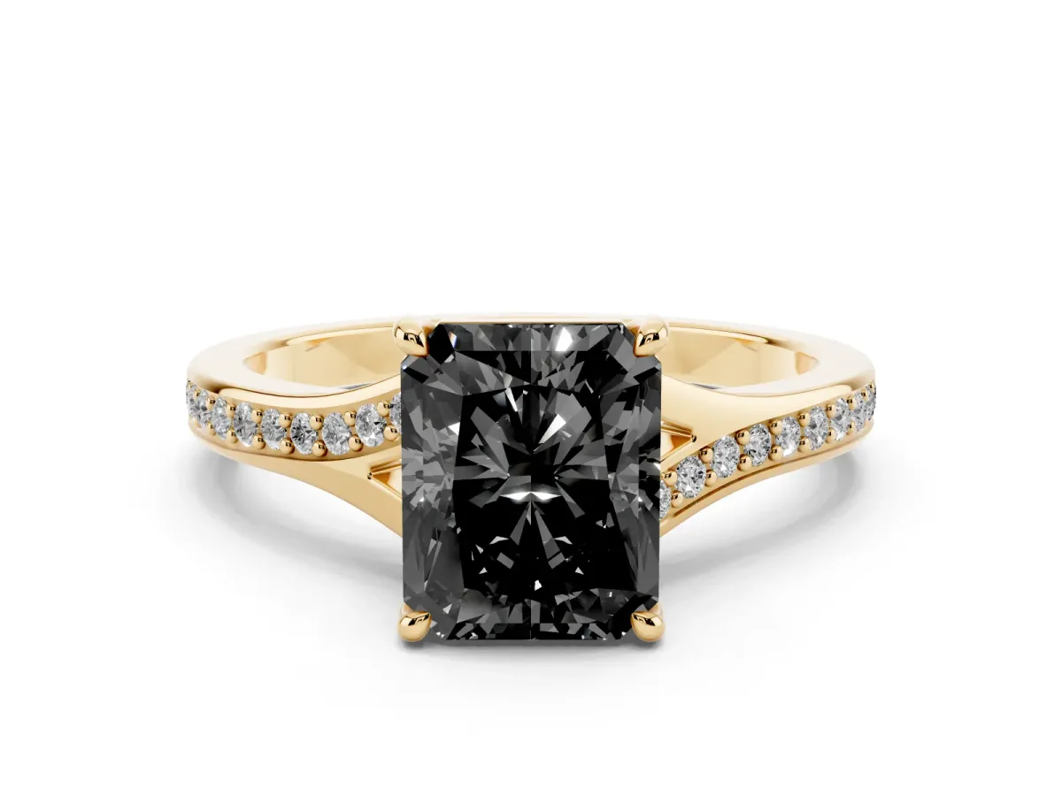 Fancy Black Radiant Cut Diamond Solitaire Ring with Pavé Band and Prong Setting Yellow gold