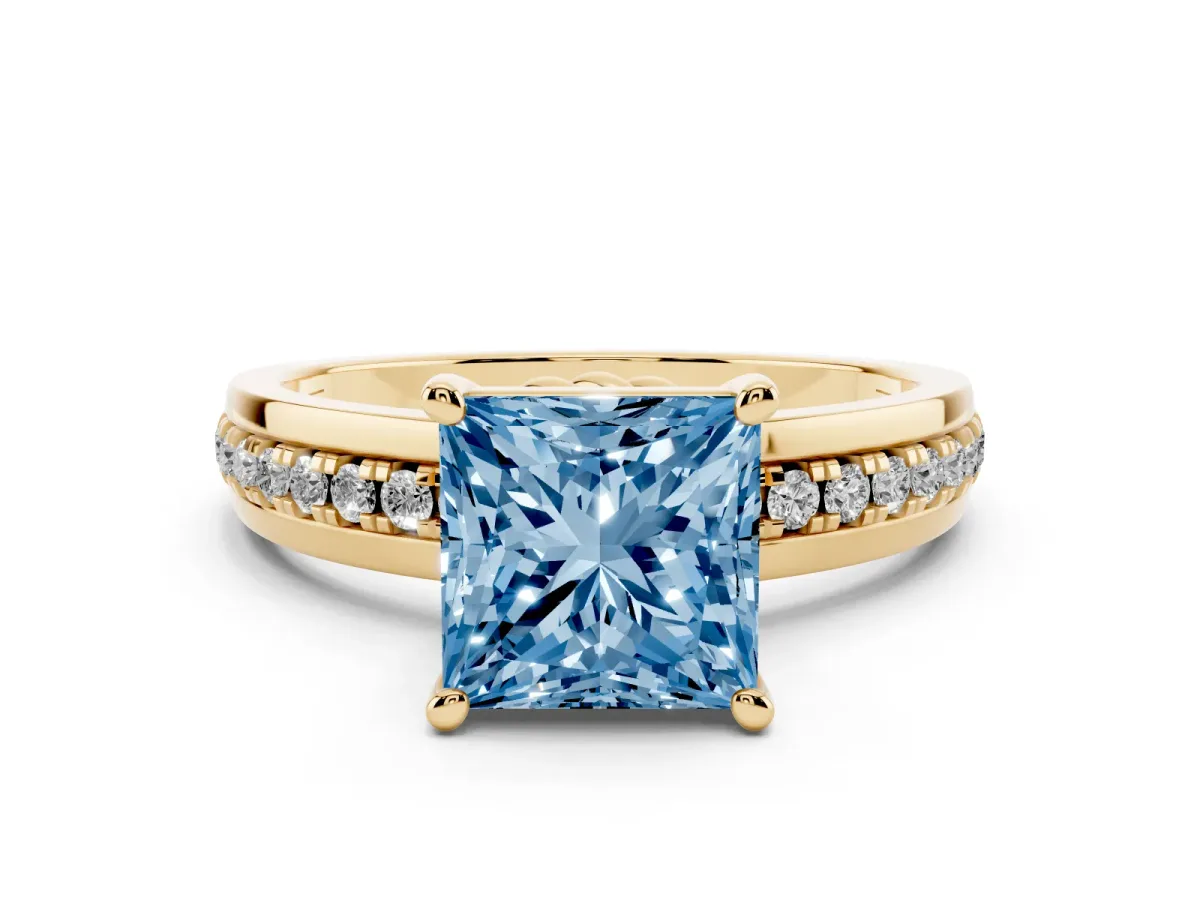 Fancy Blue Princess Cut Solitaire Diamond Ring with Channel Set Band and Six-Prong Setting Yellow gold