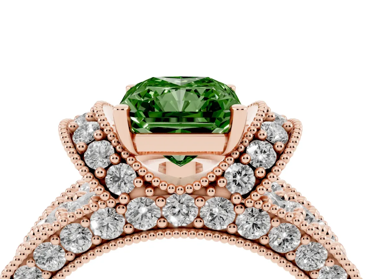 Fancy Green Radiant Cut Halo Pave Diamond Engagement Ring with Milgrain Detailing Rose gold