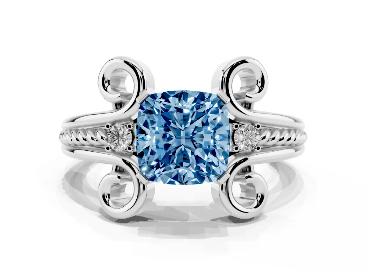 Fancy Blue Cushion Cut Solitaire Twisted Band Scroll Prong Ring Silver
