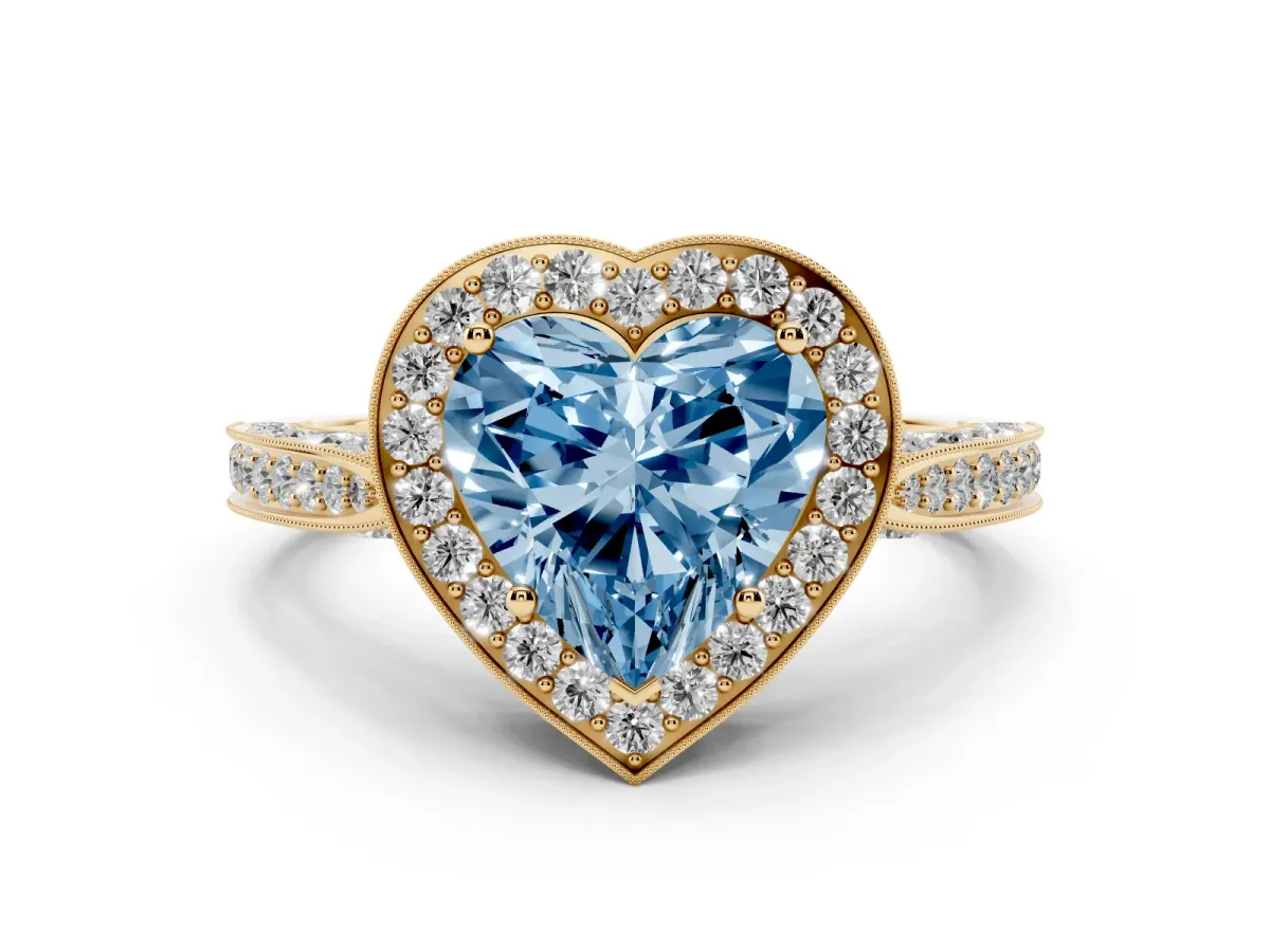 Fancy Blue Heart Cut Halo Diamond Engagement Ring with Split Shank Band and Four-Prong Setting Yellow gold