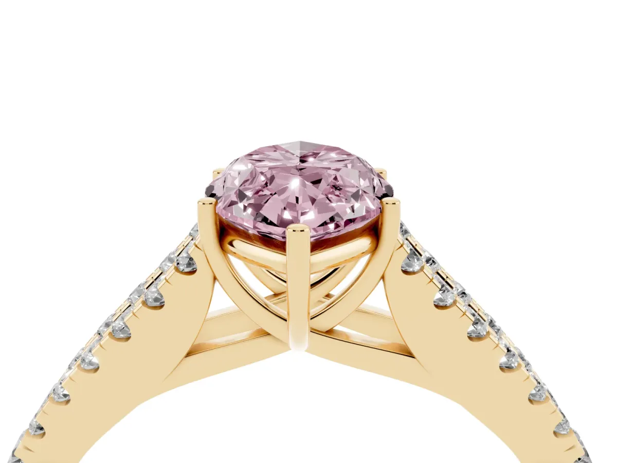 Fancy Pink Marquise Cut Diamond Split Shank Pavé Engagement Ring with Four-Prong Setting Yellow gold