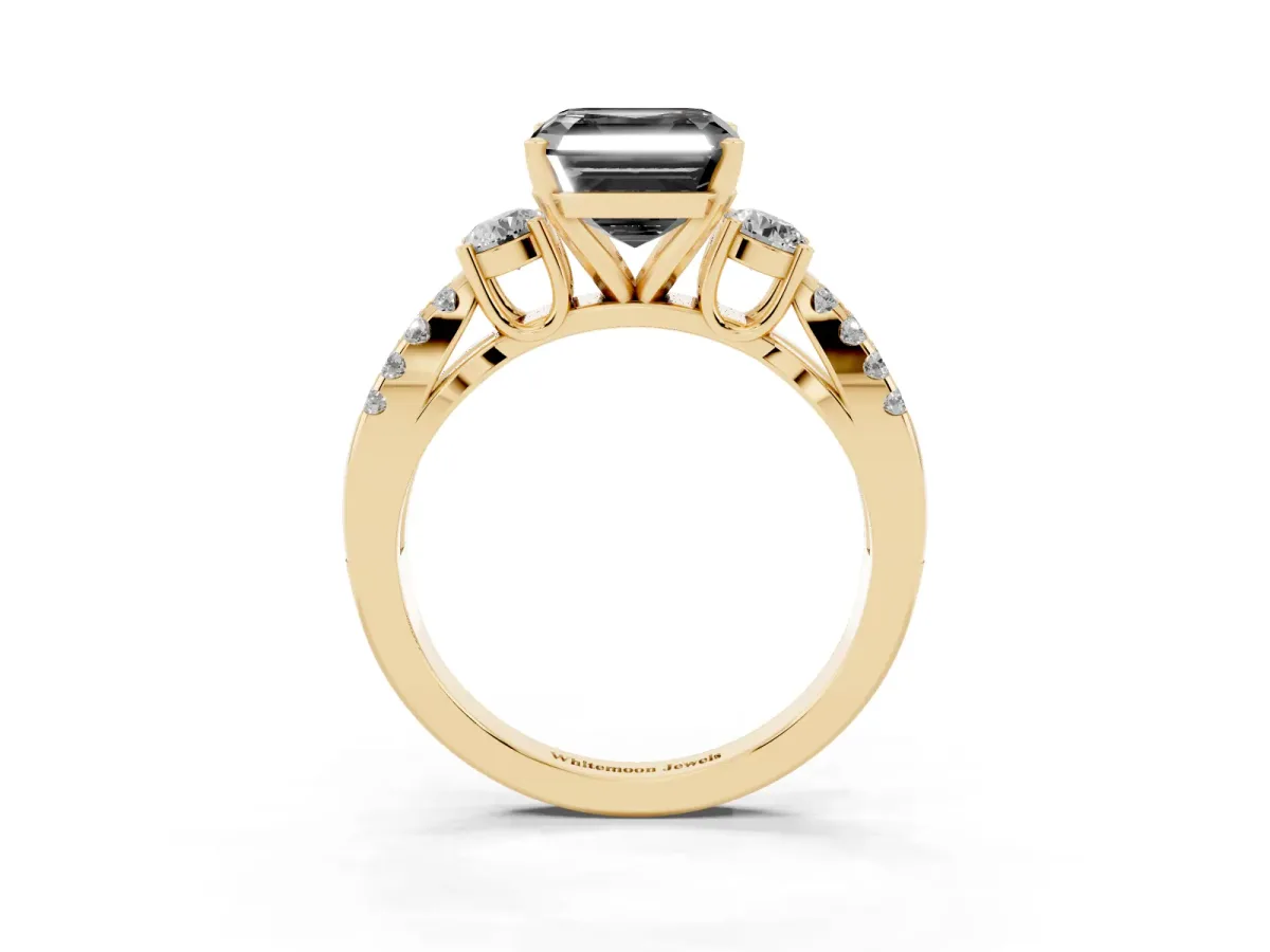 Fancy Black Asscher Cut Diamond Three-Stone Ring with Pavé Split Shank and Four-Prong Setting Yellow gold