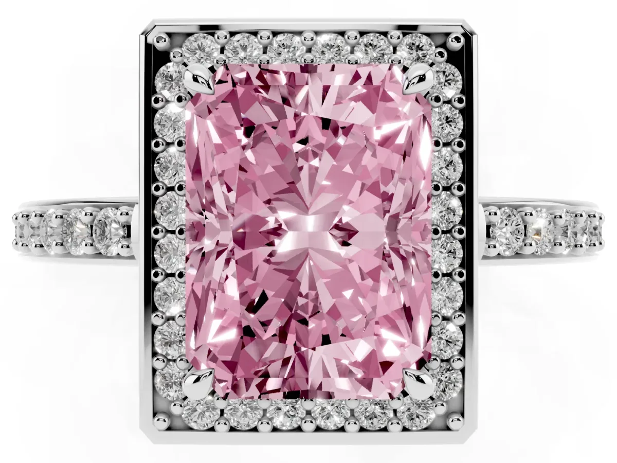 Fancy Pink Radiant Cut Halo Pave Band Solitaire Ring with Prong Setting Silver