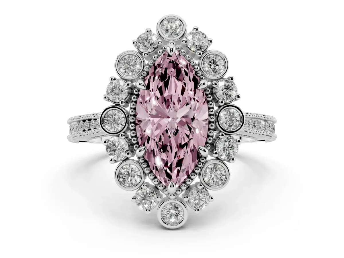 Fancy Pink Marquise Cut Halo Milgrain Pave Diamond Ring with Four-Prong Setting Platinum