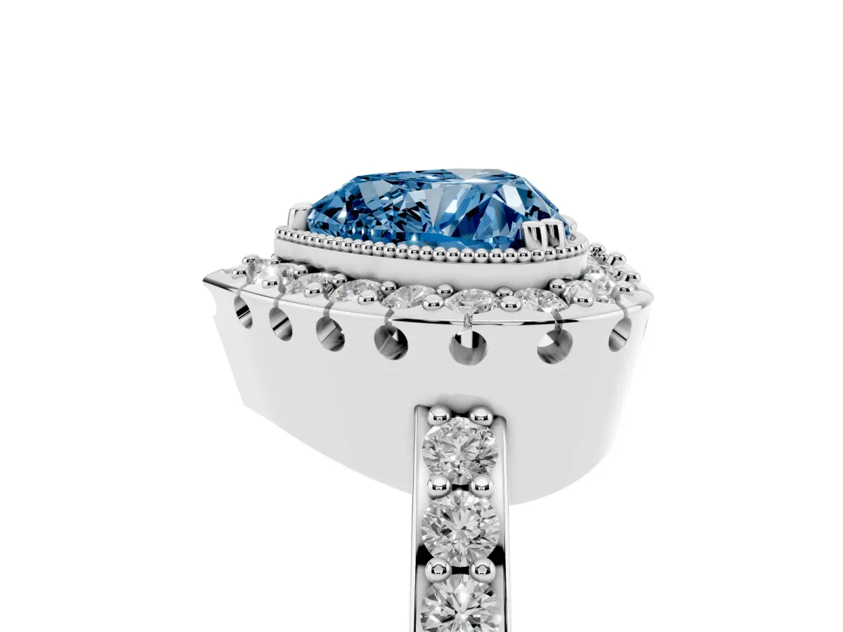 Fancy Blue Heart Cut Diamond Halo Ring with Pavé Band and Prong Setting White gold