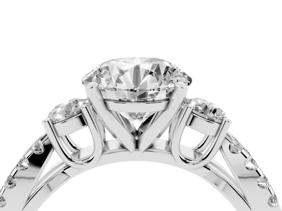 Round Cut Diamond Three-Stone Ring with Pavé Split Shank and Four-Prong Setting White gold