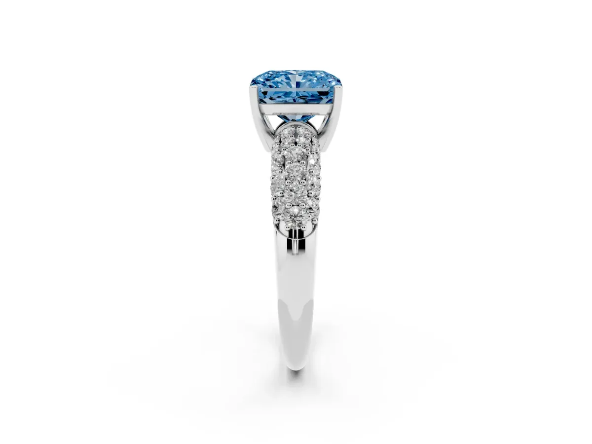 Fancy Blue Radiant Cut Diamond Pavé Band Solitaire Ring with Four-Prong Setting Platinum