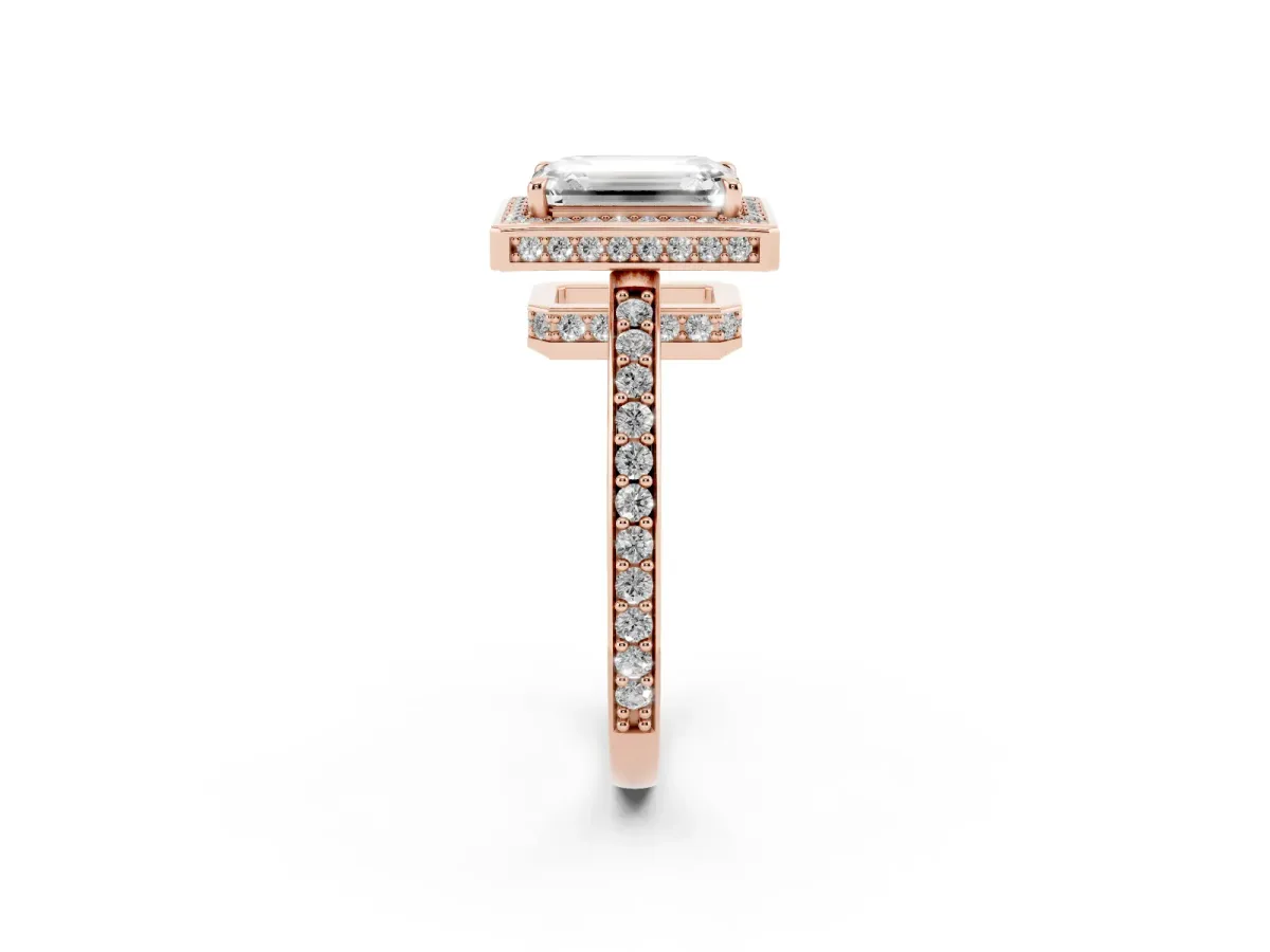Emerald Cut Halo Pave Band Solitaire Ring with Prong Setting Rose gold