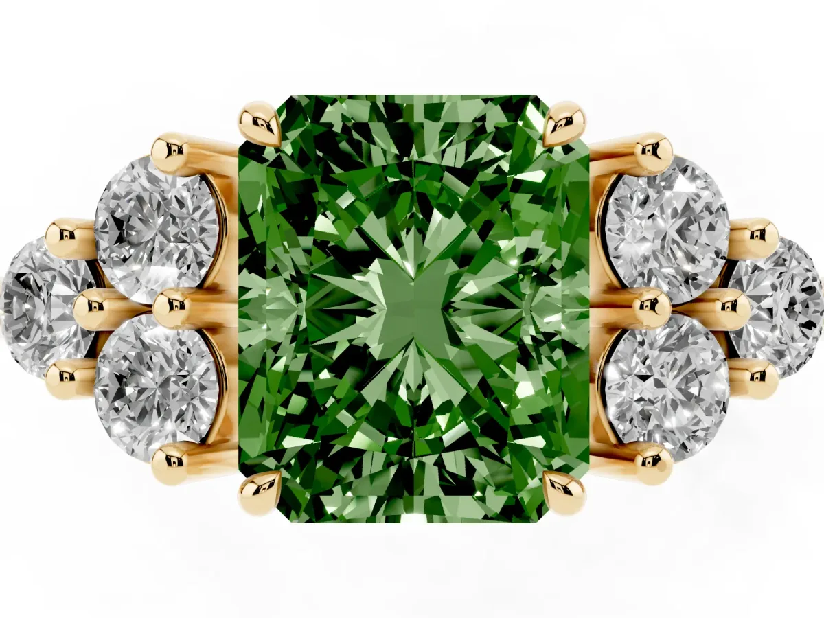 Fancy Green Radiant Cut Brilliant Diamond Cluster Accent Solitaire Ring with Prong Setting Yellow gold