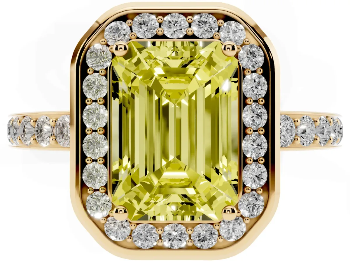 Fancy Yellow Emerald Cut Diamond Halo Ring with Bezel Frame and Pavé Band Yellow gold