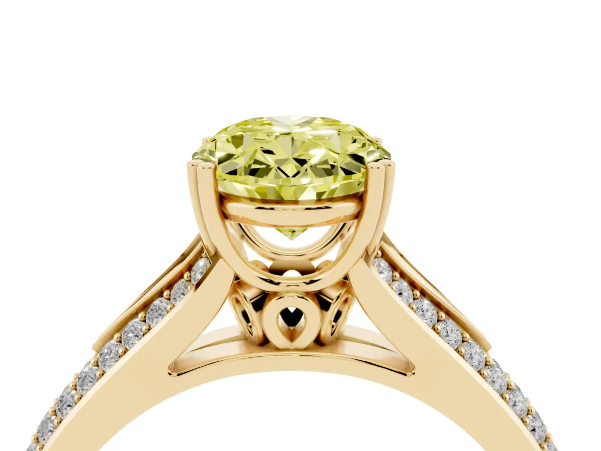Fancy Yellow Oval Cut Diamond Split Shank Engagement Ring with Pavé Band Yellow gold