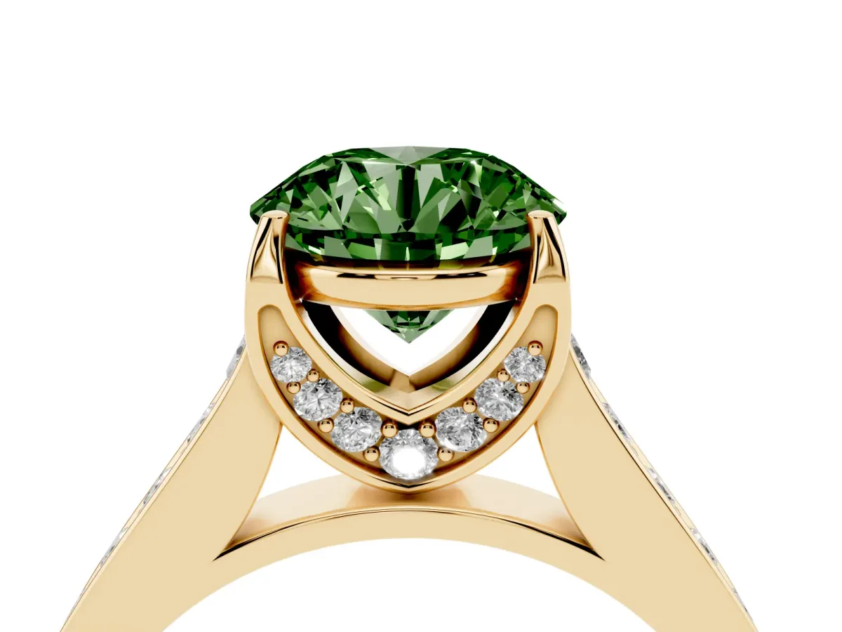 Fancy Green Round Cut Brilliant Cut Diamond Engagement Ring with Pavé Band and Four-Prong Setting Yellow gold