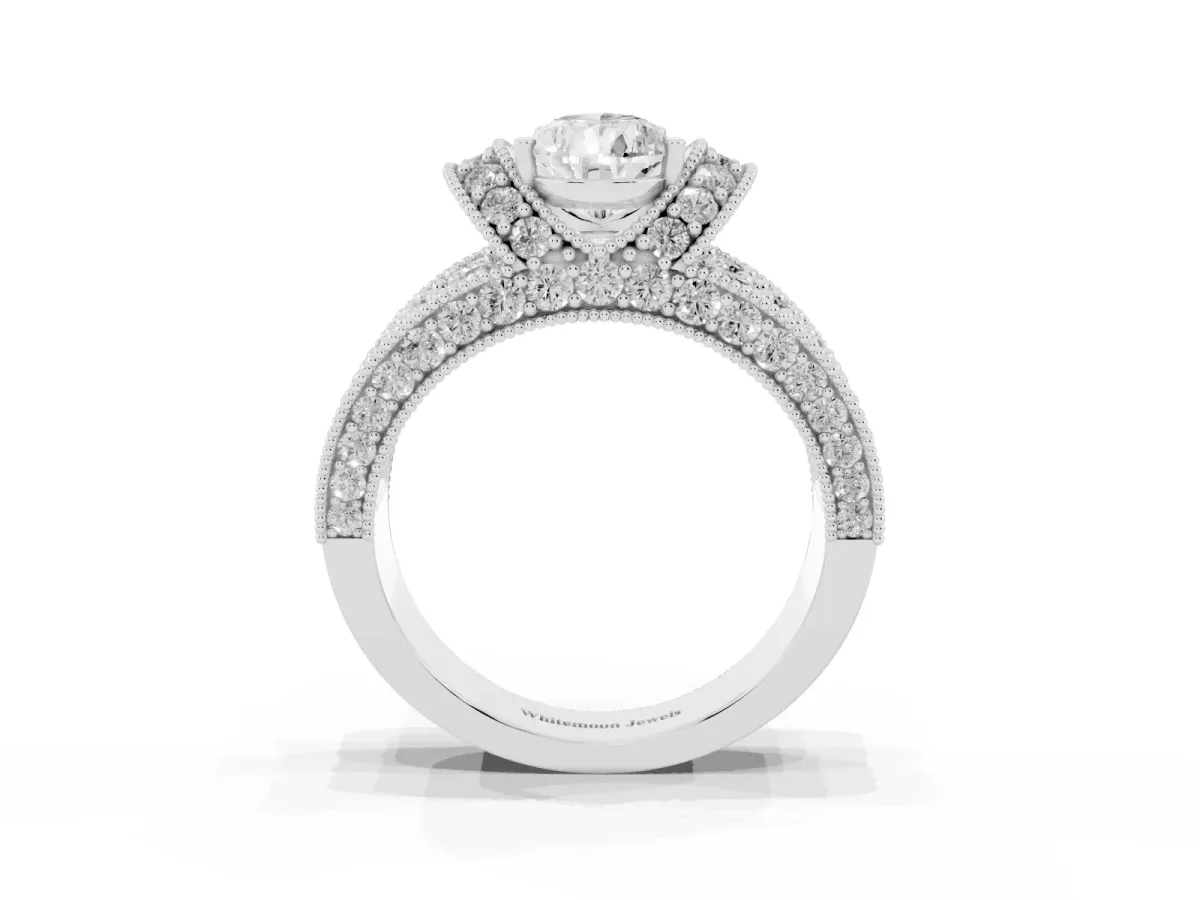 Pear Cut Halo Pave Diamond Engagement Ring with Milgrain Detailing Silver
