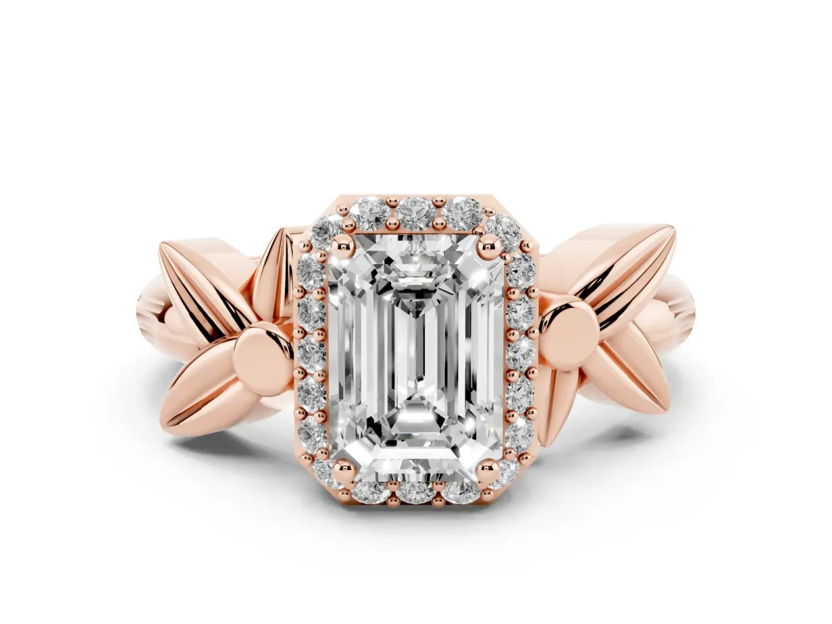Emerald Cut Halo Diamond Floral Band with Four-Prong Setting Rose gold