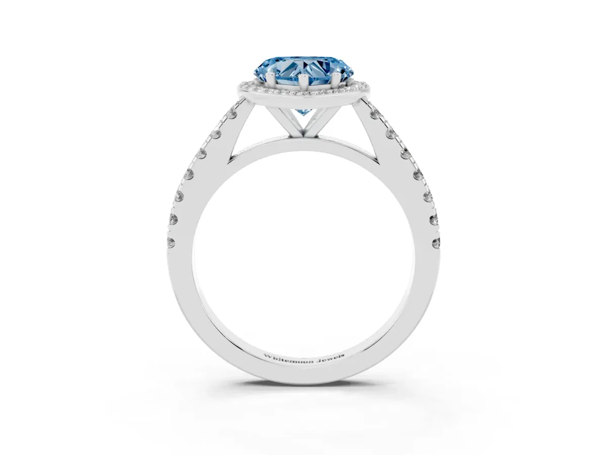Fancy Blue Heart Cut Cut Halo Diamond Engagement Ring with Pave Band and Four-Prong Setting Silver