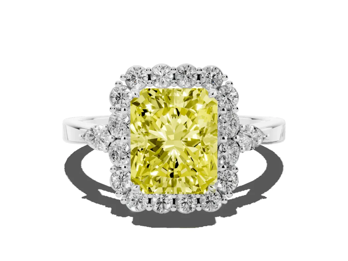 Fancy Yellow Radiant Cut Diamond Halo Ring with Pear Side Stones and Prong Setting Silver