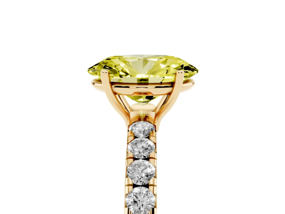 Fancy Yellow Oval Cut Diamond Pavé Solitaire Engagement Ring with Four-Prong Setting Yellow gold