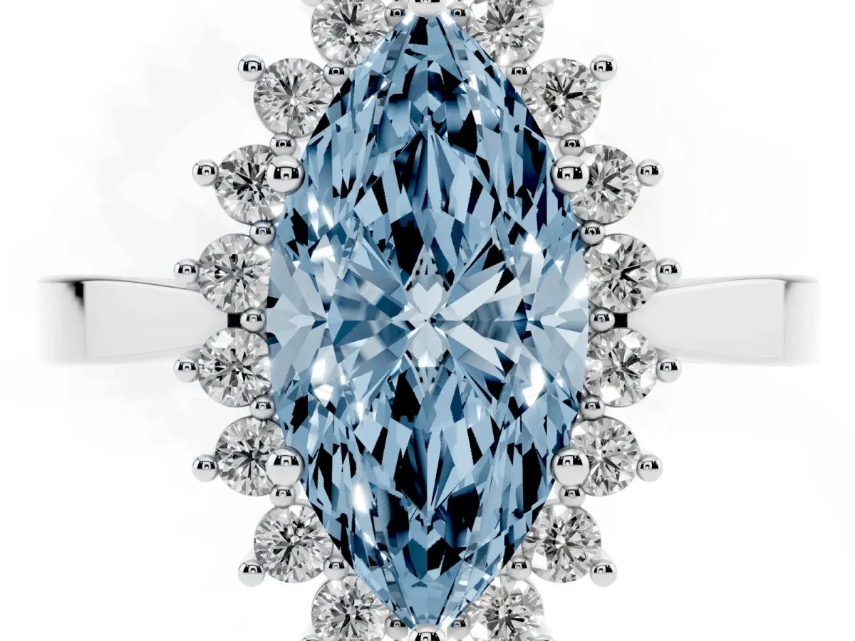 Fancy Blue Marquise Cut Cut Diamond Halo Ring with Round Brilliant Halo and Solitaire Band White gold