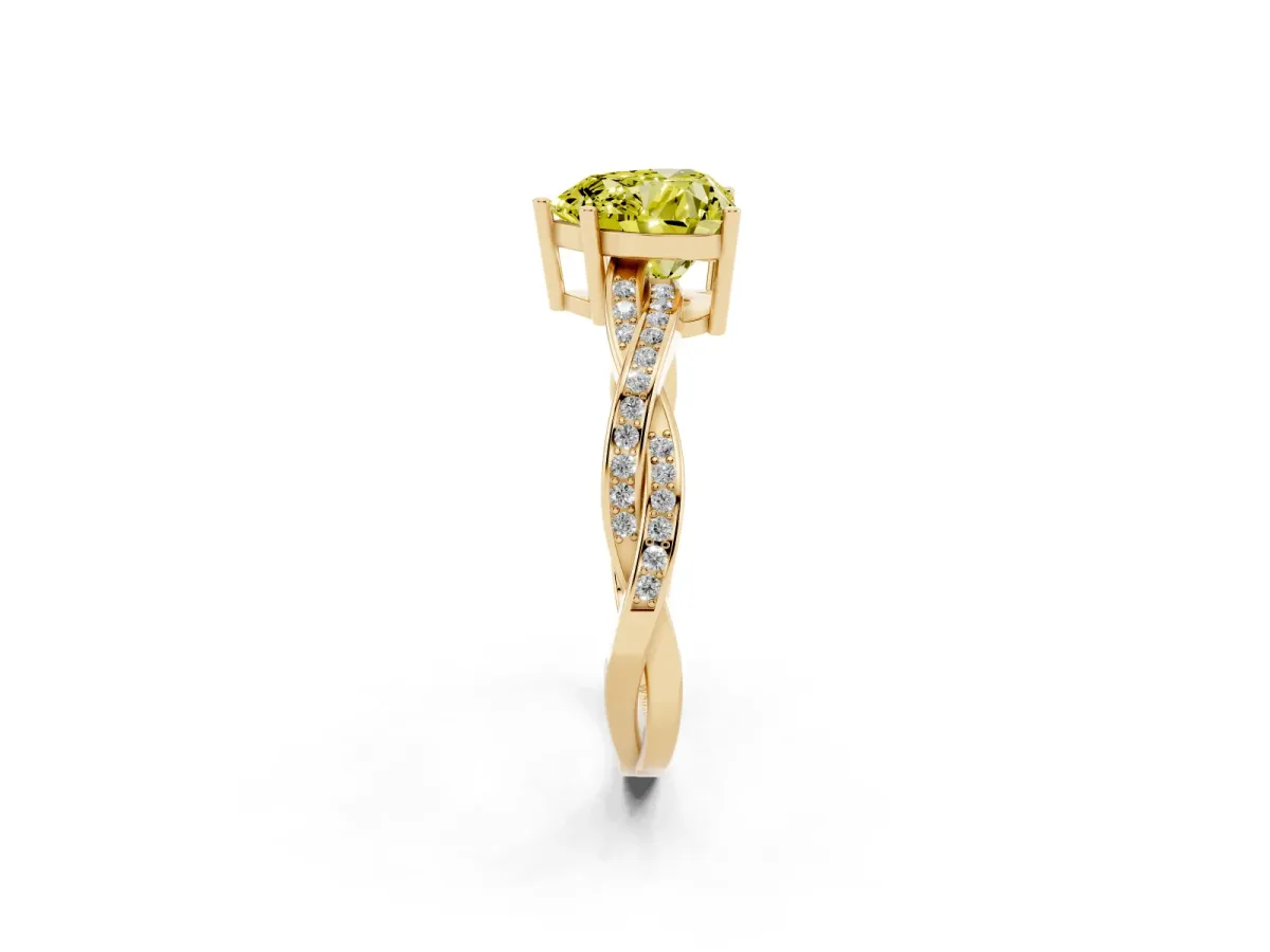 Fancy Yellow Heart Cut Solitaire Twisted Pave Diamond Ring with Four-Prong Setting Yellow gold
