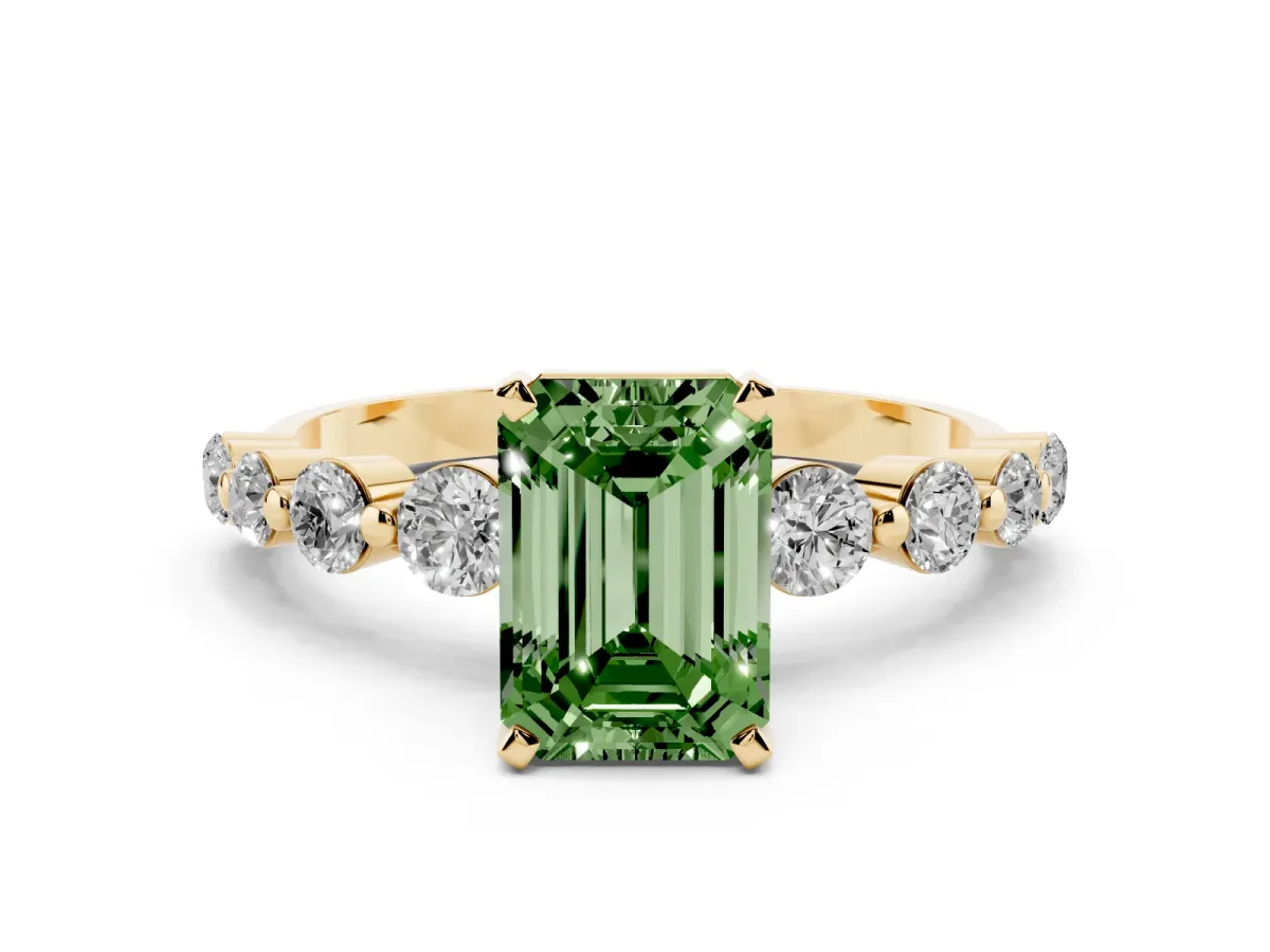 Fancy Green Emerald Cut Solitaire Diamond Ring with Pave Band and Four-Prong Setting Yellow gold