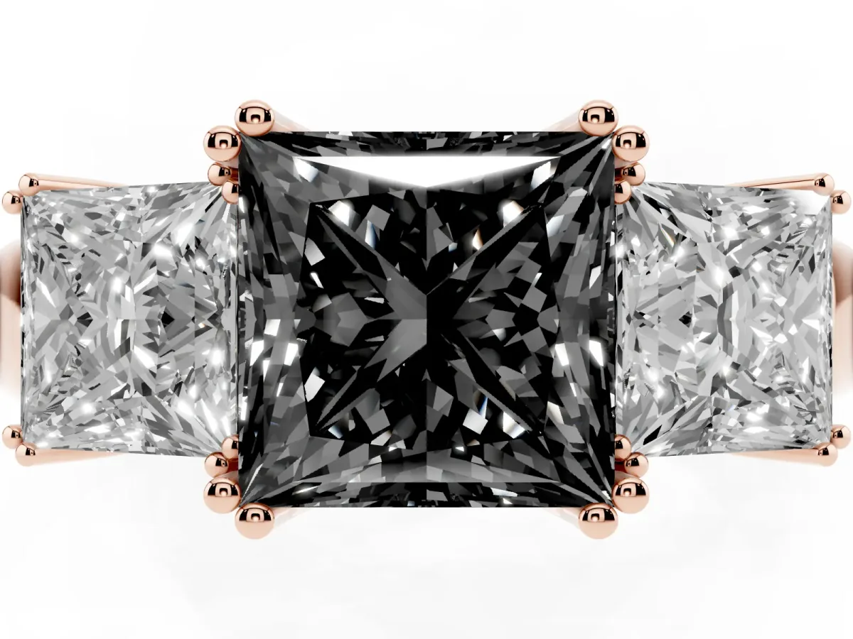Fancy Black Three-Stone Princess Cut Cut Diamond Ring with Channel Set Band and Four-Prong Setting Rose gold