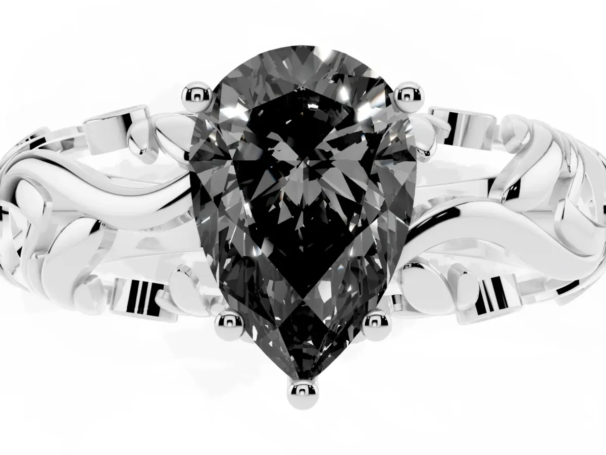 Fancy Black Pear Cut Solitaire Diamond Leaf-Inspired Vine Band Ring with Prong Setting White gold