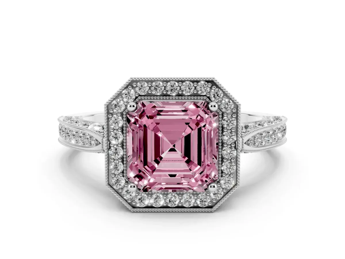 Fancy Pink Asscher Cut Halo Diamond Engagement Ring with Split Shank Band and Four-Prong Setting Platinum