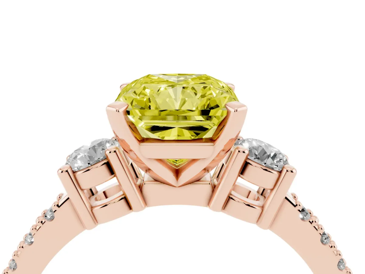 Fancy Yellow Radiant Cut Three-Stone Diamond Pavé Band with Prong Setting Rose gold