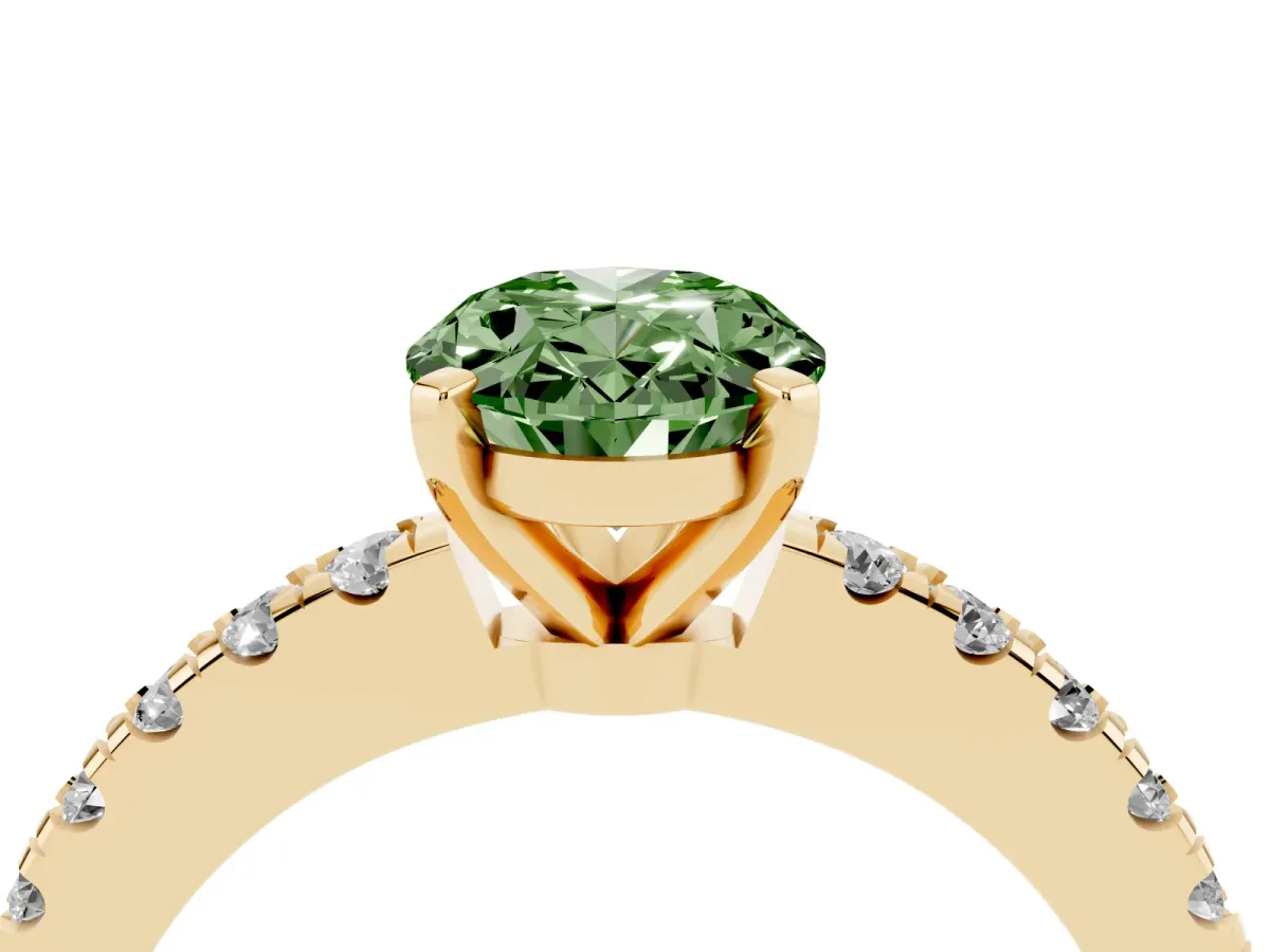 Fancy Green Oval Cut Solitaire Diamond with Pavé Band and Four-Prong Setting Yellow gold