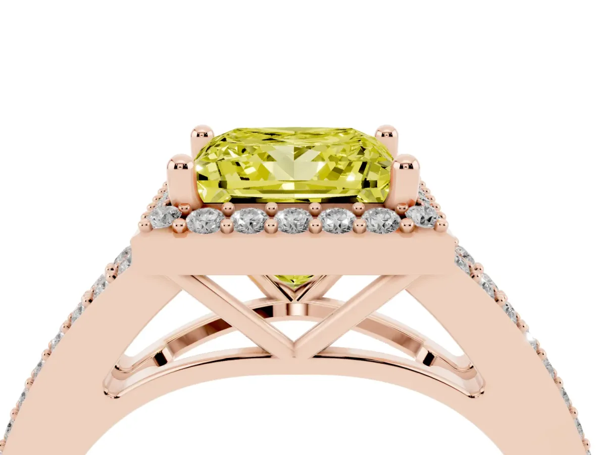 Fancy Yellow Princess Cut Halo Split Shank Diamond Ring with Prong Setting Rose gold