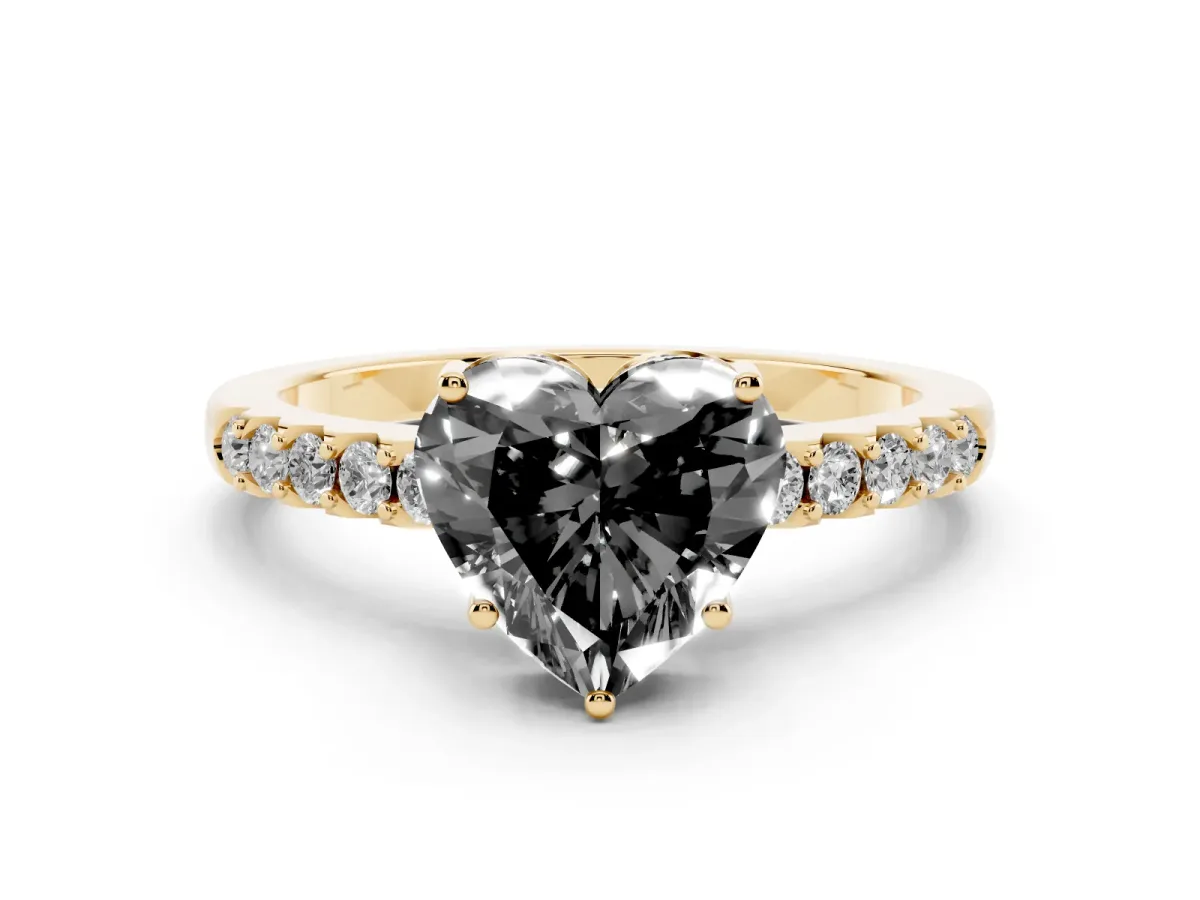 Fancy Black Heart Cut Solitaire Diamond Engagement Ring with Pavé Band and Six-Prong Setting Yellow gold