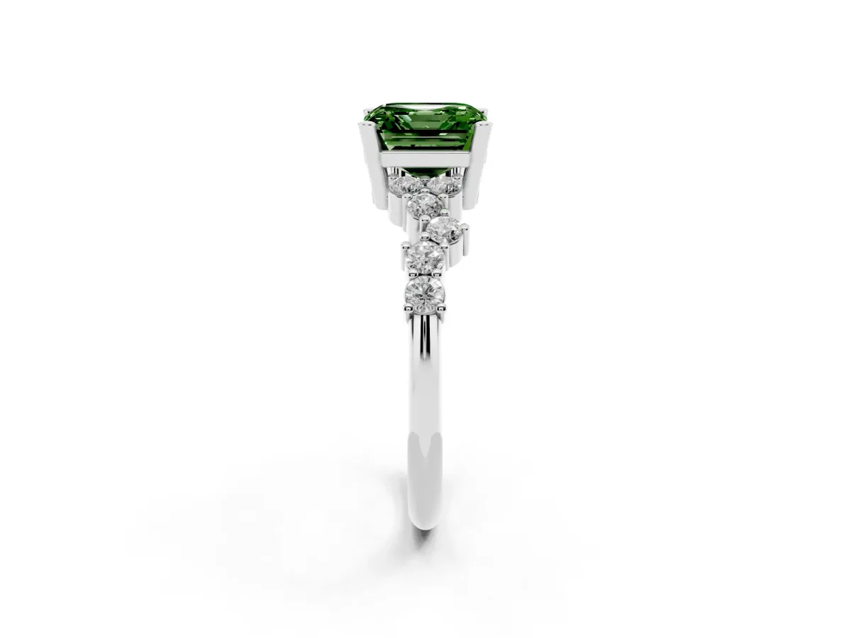 Fancy Green Asscher Cut Diamond Scattered Round Accent Ring with Prong Setting White gold
