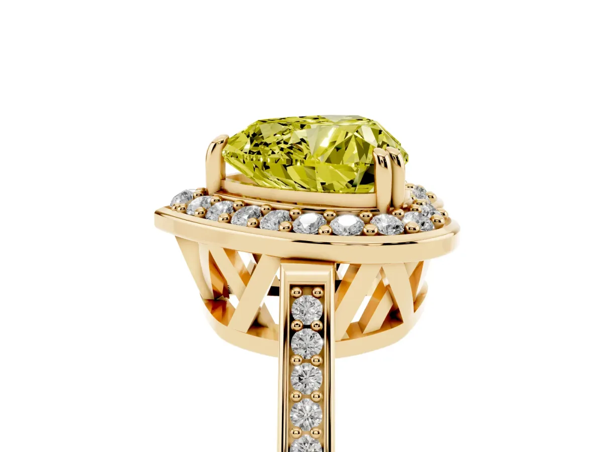 Fancy Yellow Heart Cut Diamond Halo Ring with Split Shank and Four-Prong Setting Yellow gold
