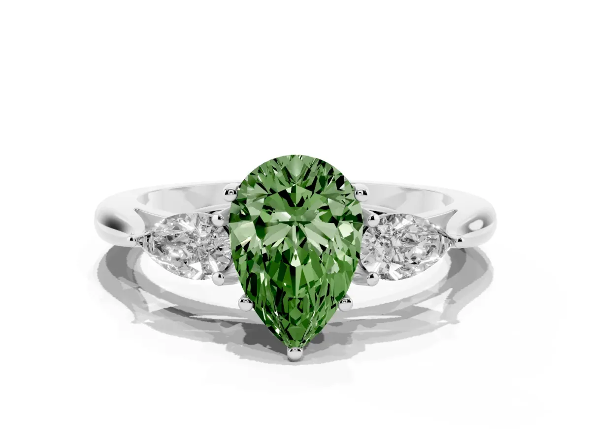 Fancy Green Three-Stone Pear Cut Diamond Ring with Pear Side Stones in Four-Prong Setting Silver