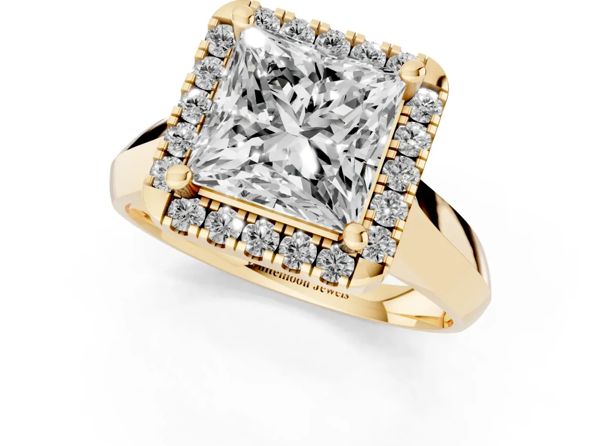 Princess Cut Cut Halo Solitaire Engagement Ring with Square Band and Four-Prong Setting Yellow gold