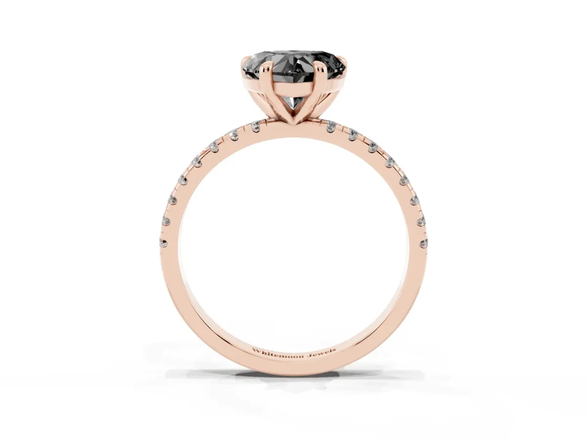 Fancy Black Heart Cut Diamond Brilliant Solitaire Ring with Pavé Band and Four-Prong Setting Rose gold