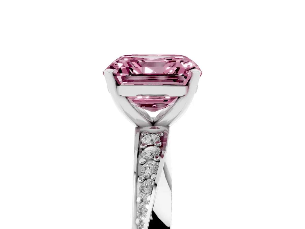 Fancy Pink Asscher Cut Diamond Engagement Ring with Side Stone Accents and Four-Prong Setting Silver