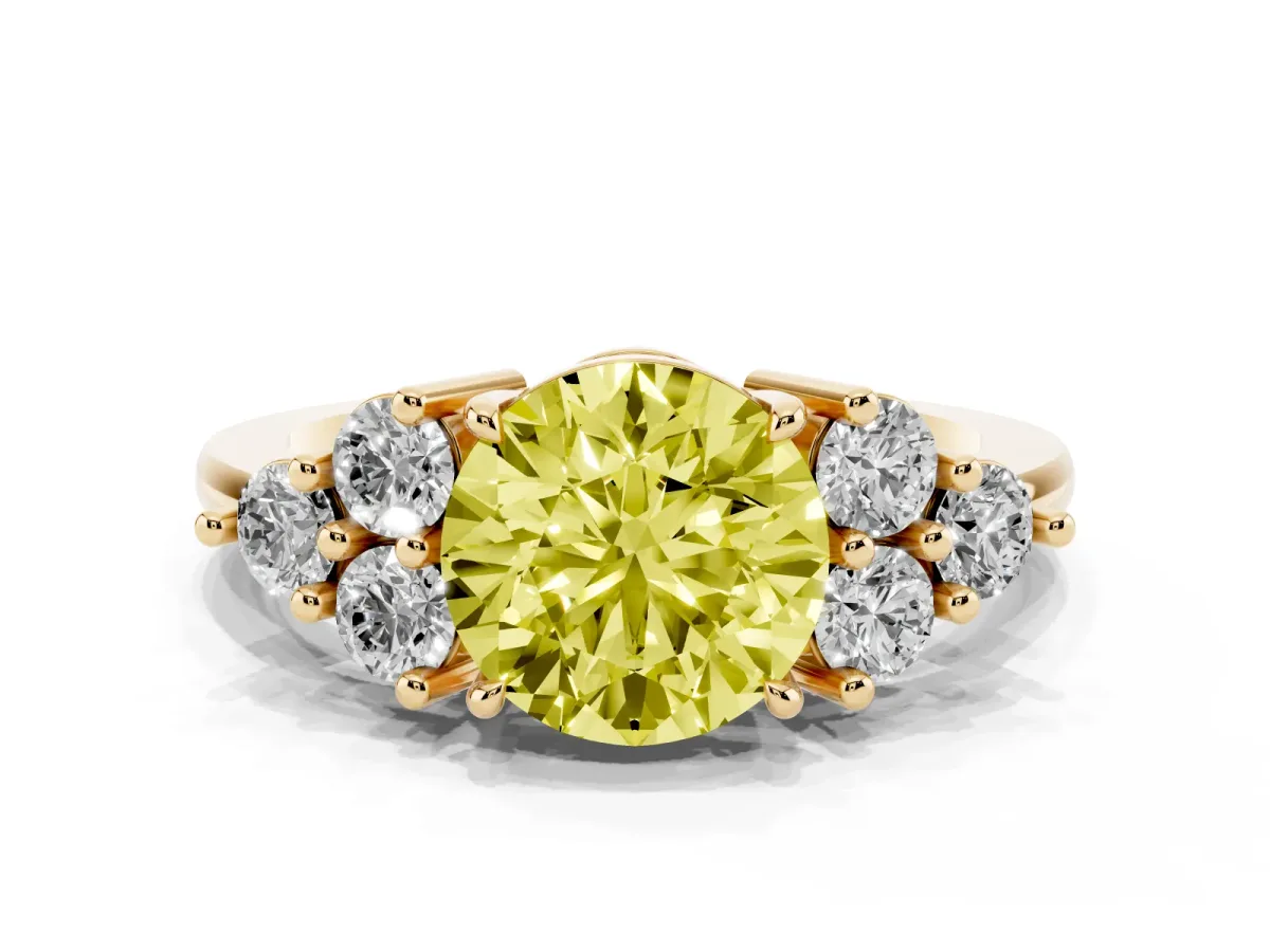 Fancy Yellow Round Cut Brilliant Diamond Cluster Accent Solitaire Ring with Prong Setting Yellow gold